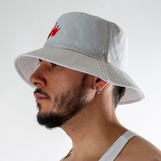 BH0001 Bucket Hat Blanco bordado de corona roja