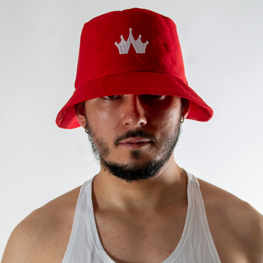 BH0003 Bucket Hat Rojo bordado de corona Blanca