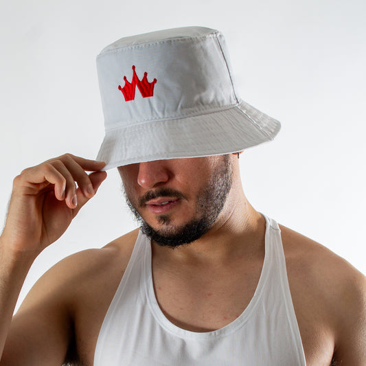 BH0001 Bucket Hat Blanco bordado de corona roja