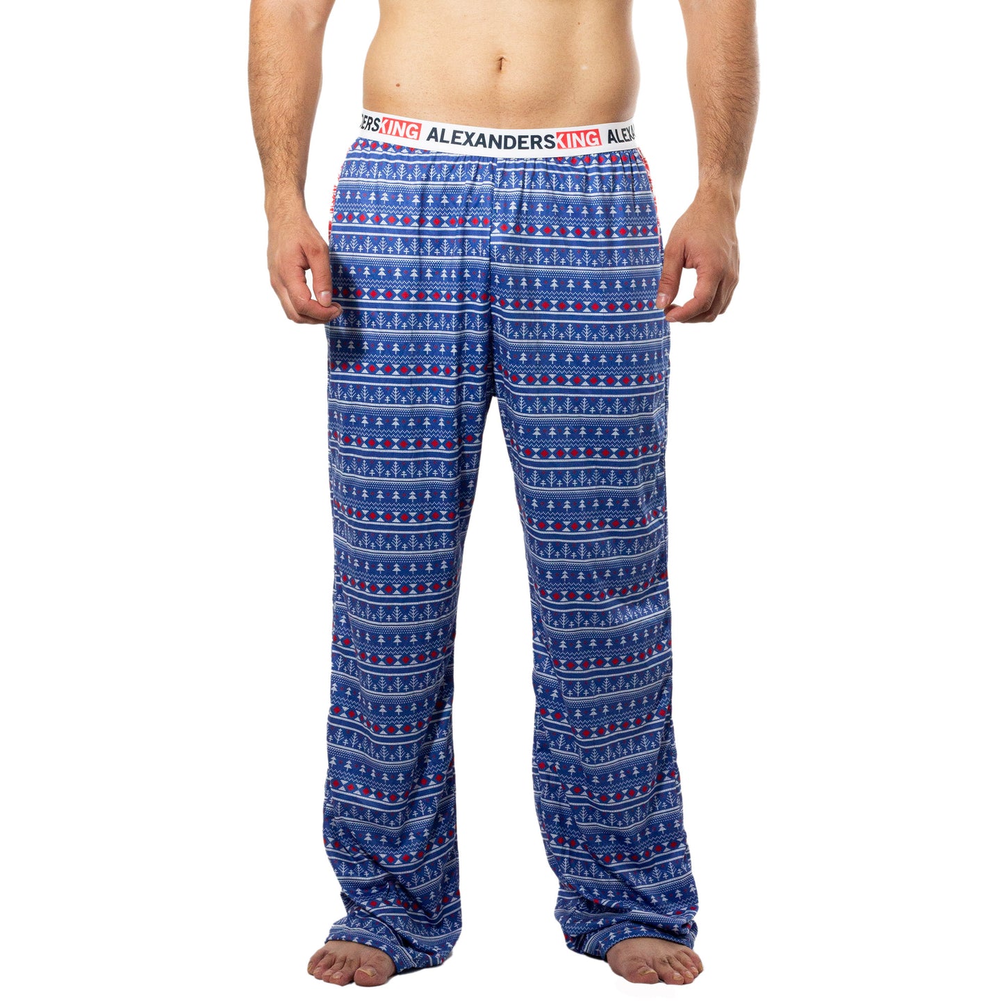 PJ0002 Pantalon Pijama Noche Navide̱a sublimado pinos azules, renos rojos en fondo blanco