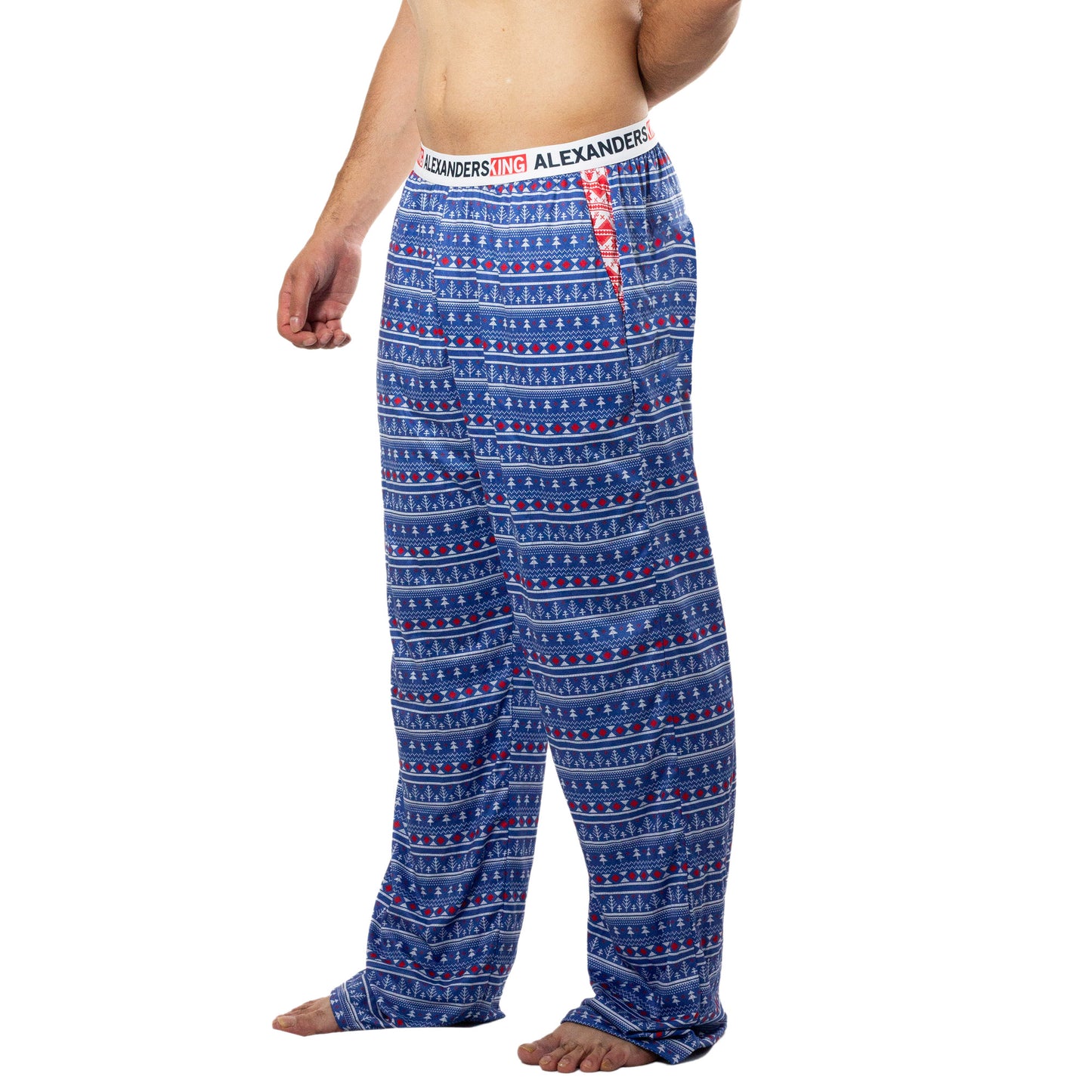 PJ0002 Pantalon Pijama Noche Navide̱a sublimado pinos azules, renos rojos en fondo blanco