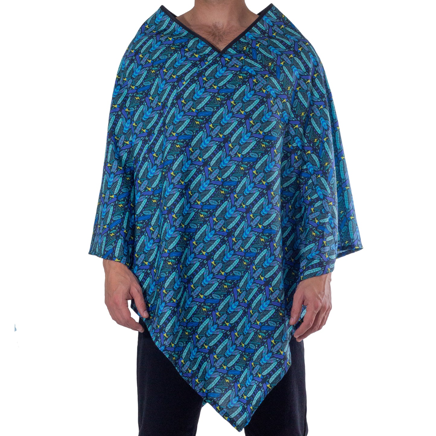 QT0002 Poncho estilo Quechquemetl Tulum estampado figuras plumas azules skinit